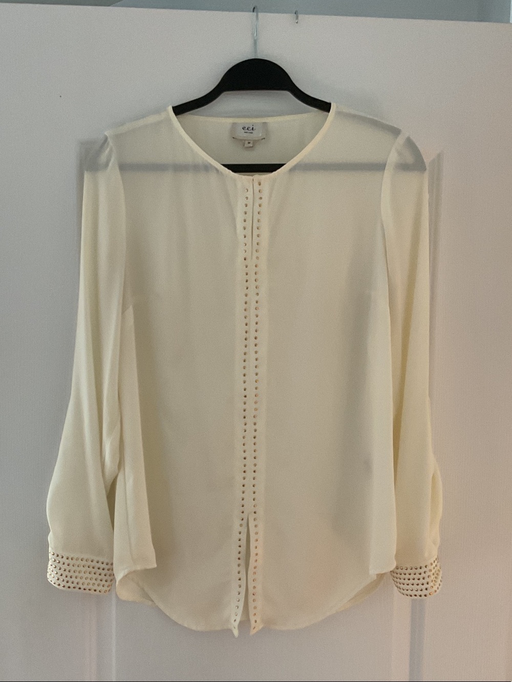 ECI Cream Stud-Trim Long Sleeve Blouse